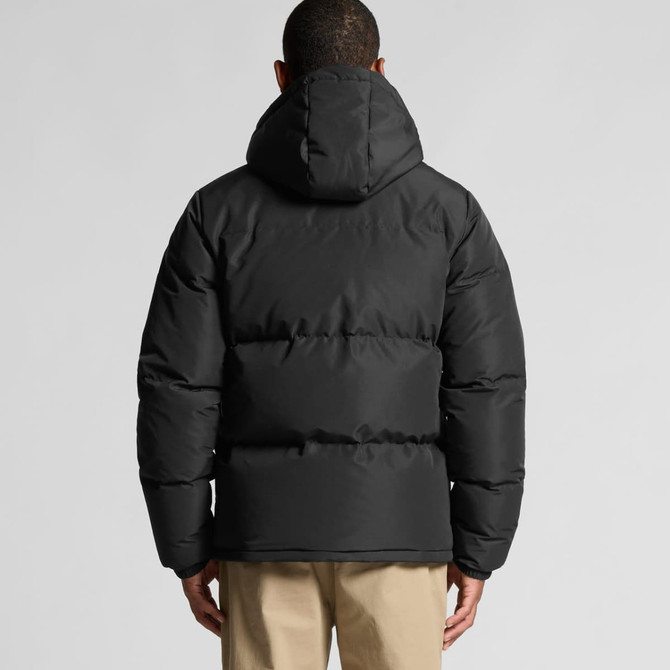 A hooded puffer jacket in black, featuring a plush design and a rear view displaying the hood and quilting.