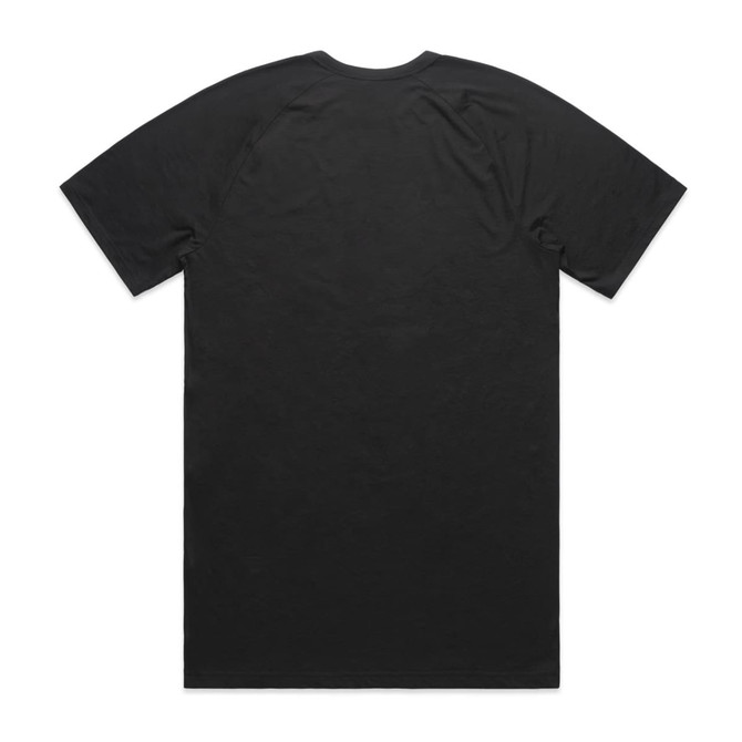 A black T-shirt with a simple design and a logo on the back. The fabric appears soft and breathable.