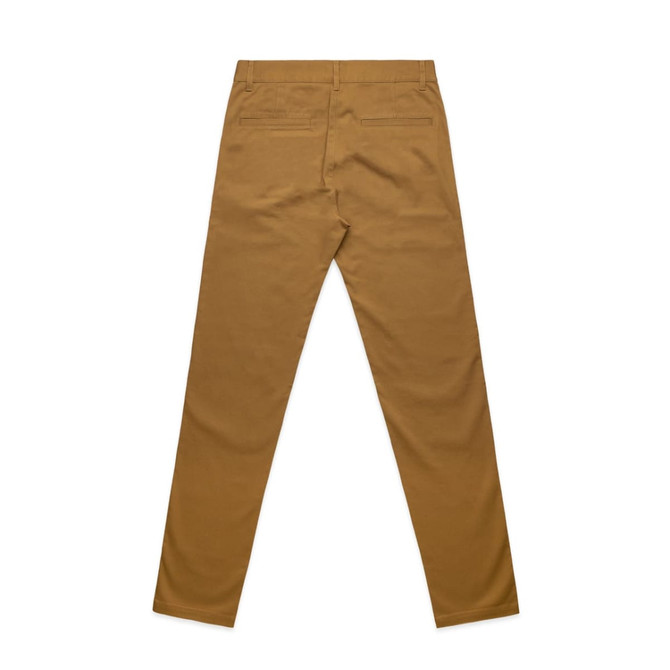 A pair of brown slacks with a fitted style, featuring two back pockets and no visible branding.