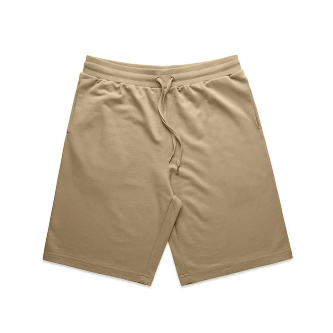 Khaki sports shorts with an elastic waistband and drawstring, featuring pockets and a simple design.