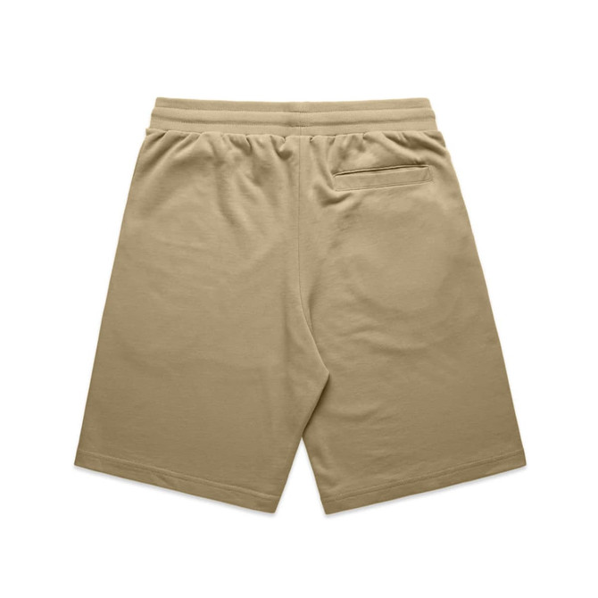A pair of khaki sports shorts featuring an elastic waistband and a back pocket, with a simple design.