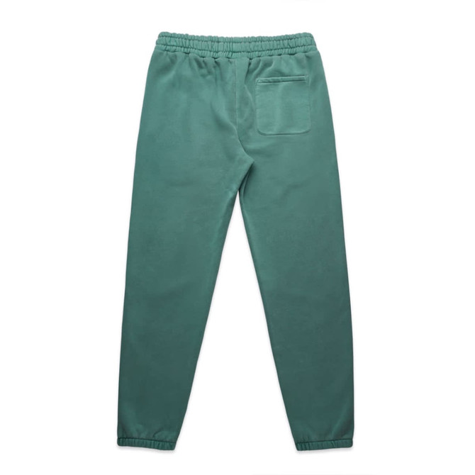Faded track pants in a muted green shade, featuring an elastic waistband and a back pocket. Includes branding.