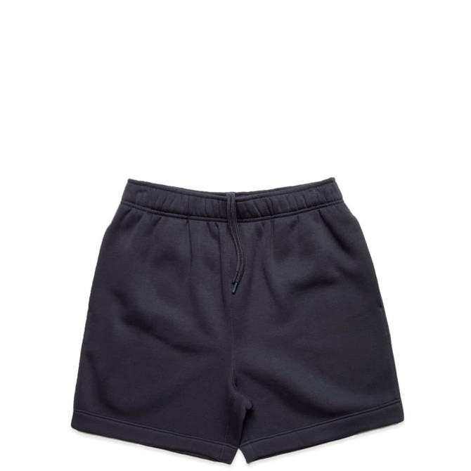 A pair of navy blue track shorts with an elastic waistband and drawstring, featuring a simple design.