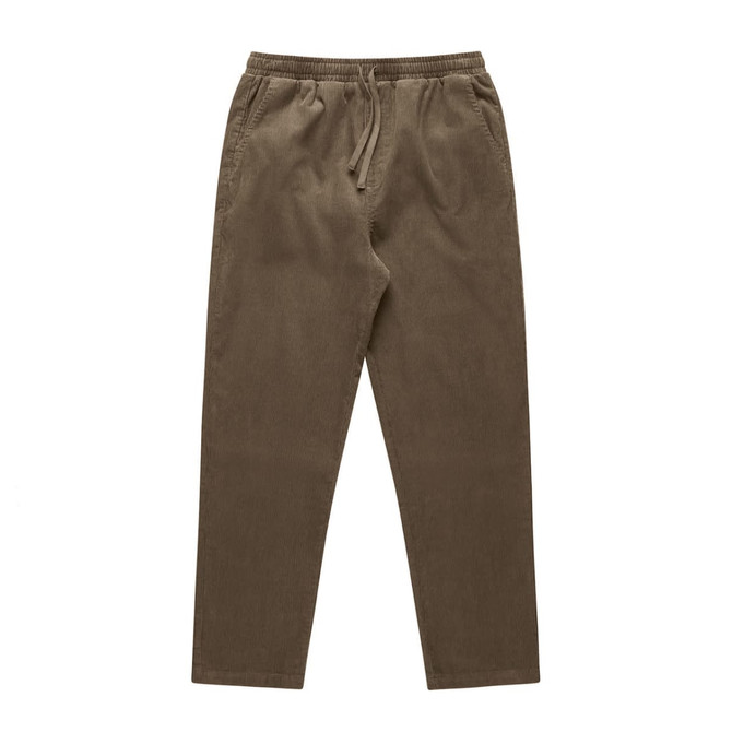 Cord pants in a khaki colour with an elastic waistband and drawstring. Features side pockets and a branding logo.