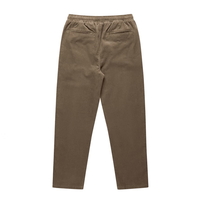 Cord pants in a khaki colour, featuring an elastic waistband and back pockets, displayed from the back.