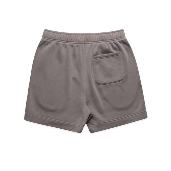 Faded taupe track shorts featuring an elastic waistband and a single back pocket.