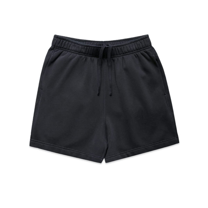 Black track shorts with an elastic waistband and drawstring, featuring side pockets. Includes a branding logo.