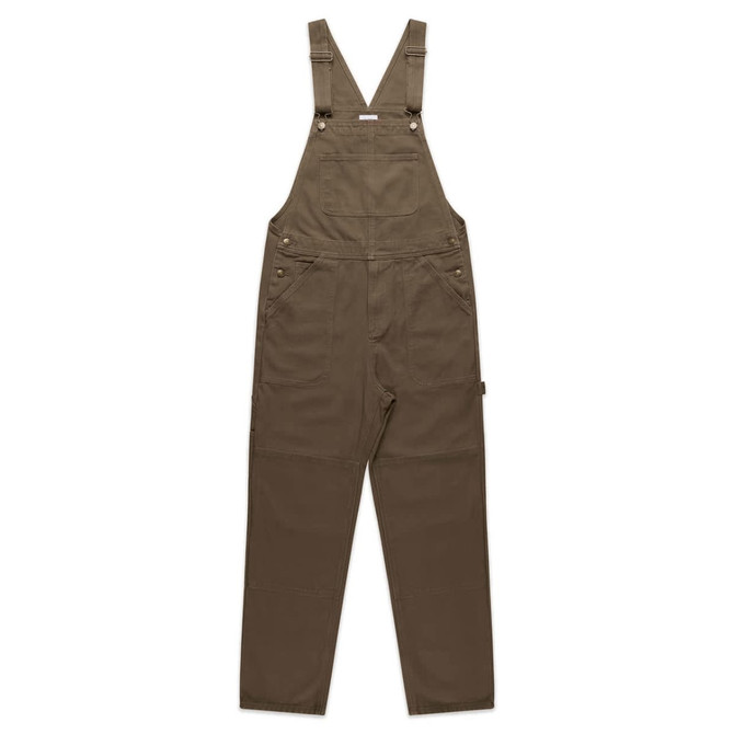 A pair of brown canvas overalls with adjustable straps and front pockets, featuring a branding logo.
