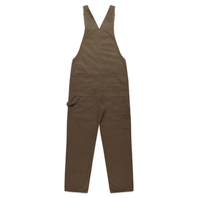 Canvas overalls in a dark brown colour with adjustable straps and multiple pockets. Features a brand logo.
