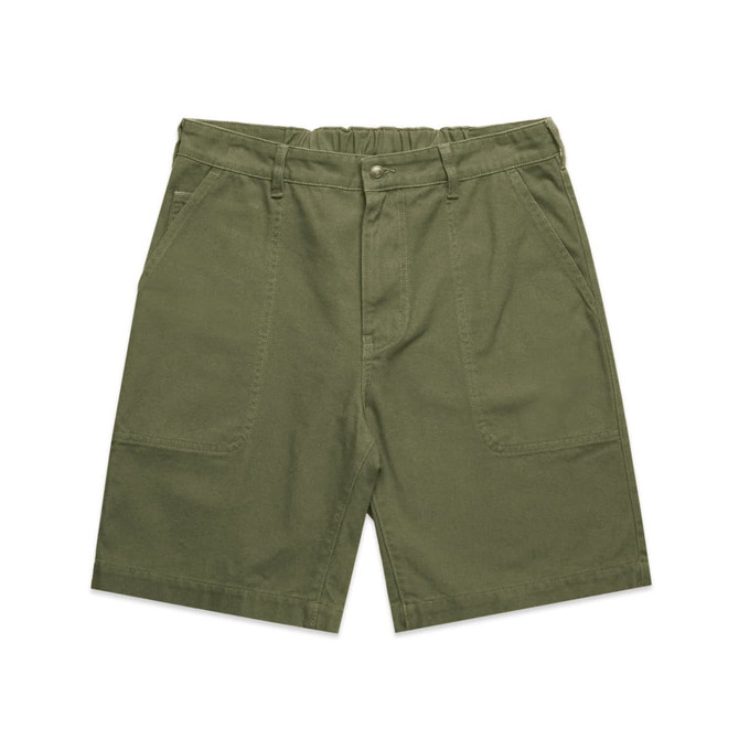 Olive green canvas shorts with a relaxed fit, featuring multiple pockets and an elastic waistband. Includes branding.