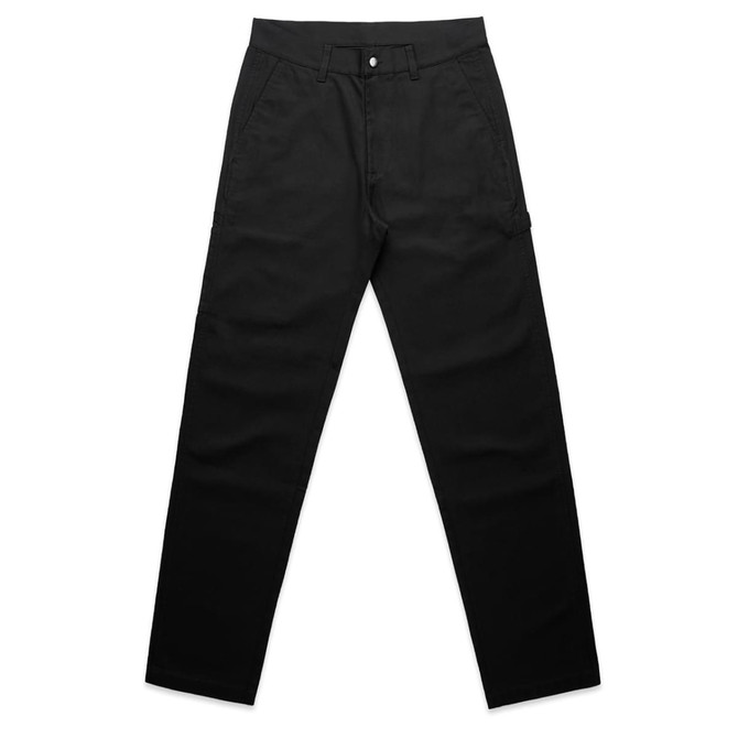 Black utility pants featuring a classic fit with pockets, and a logo on the waistband.