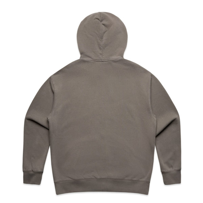 A faded olive green hoodie with a large hood and long sleeves, featuring a brand logo on the back.