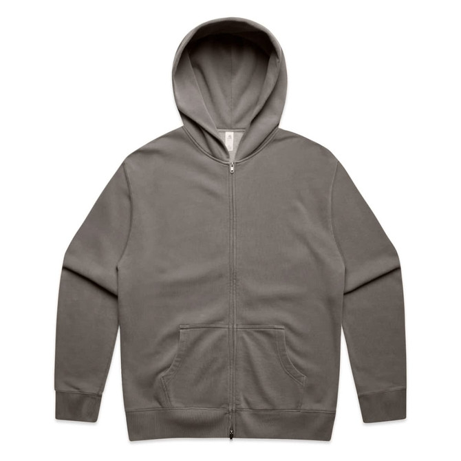 A zip-up hoodie in a faded olive green colour with a kangaroo pocket and a hood. It features a logo.