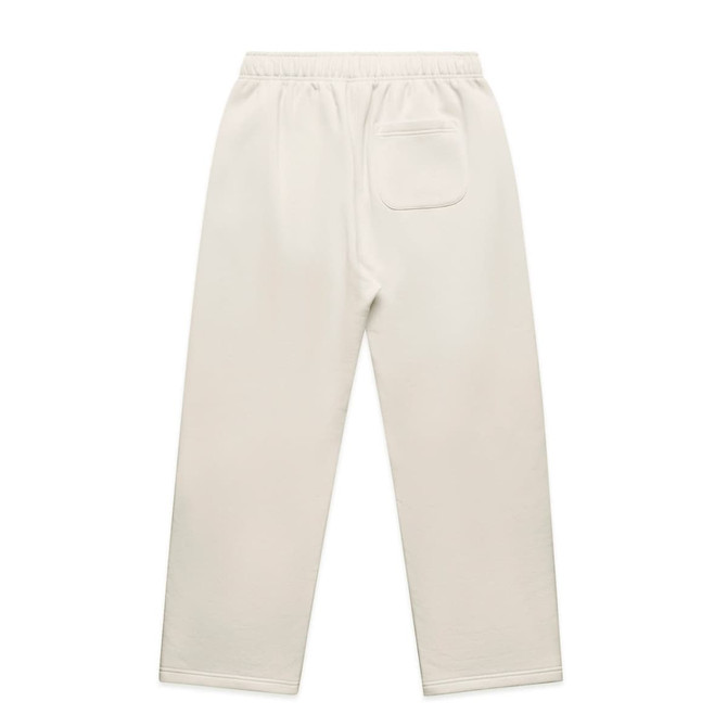 Cuffless track pants in a light cream colour with an elastic waistband and a single back pocket. Features a logo.