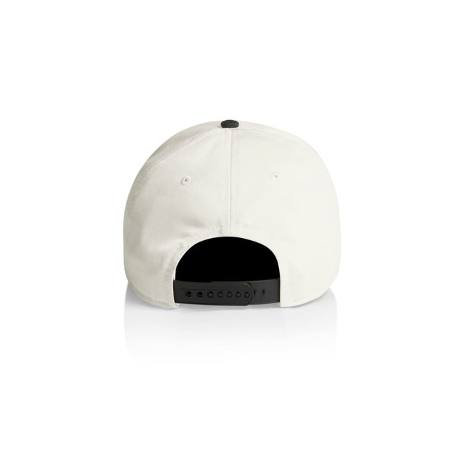A two-tone cap in white with a black back and adjustable strap, featuring ventilation holes.