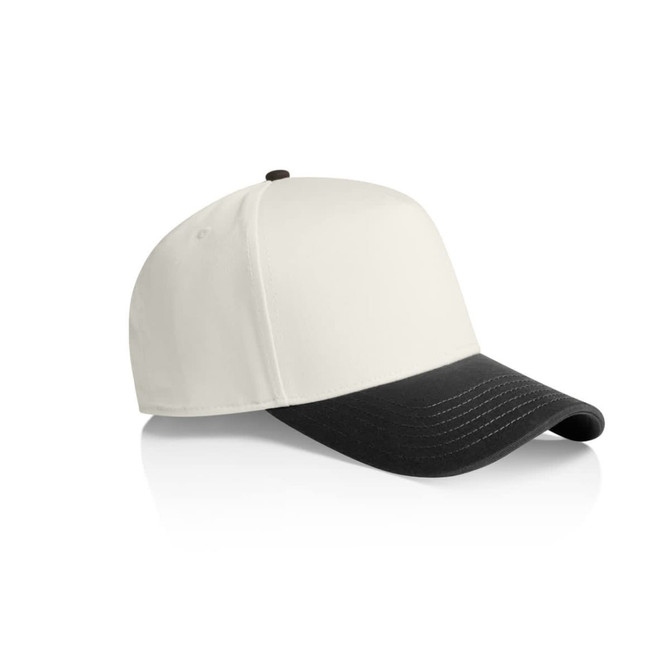 A two-tone cap featuring a white front and black peak, with a logo on the side.