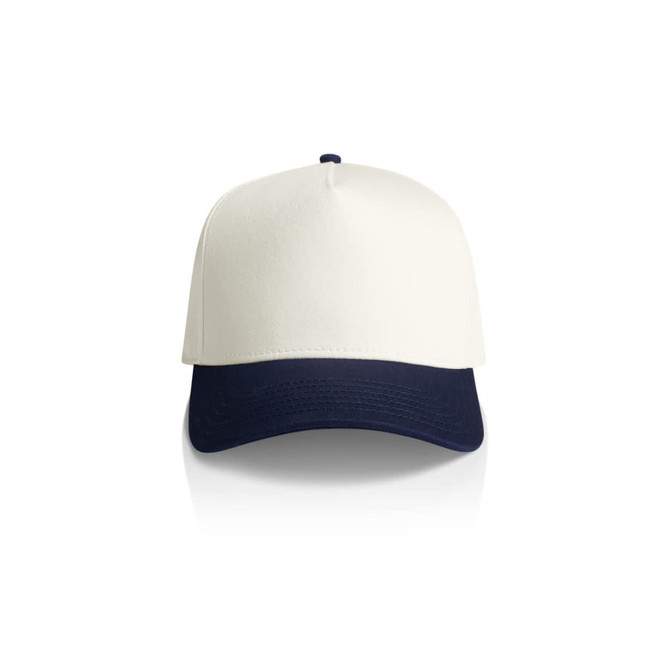 A two-tone cap featuring a cream upper and navy blue brim, with a logo on the front.