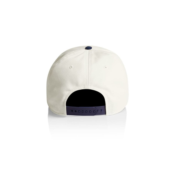 A two-tone cap featuring a white front and navy blue back, with an adjustable strap and a logo.