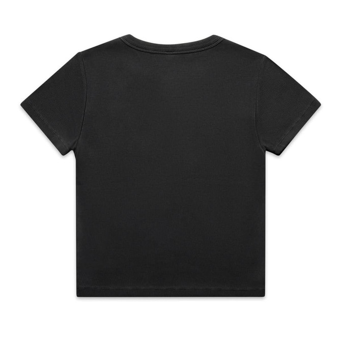 A black ribbed T-shirt featuring short sleeves and a simple design. It has a logo on the back.