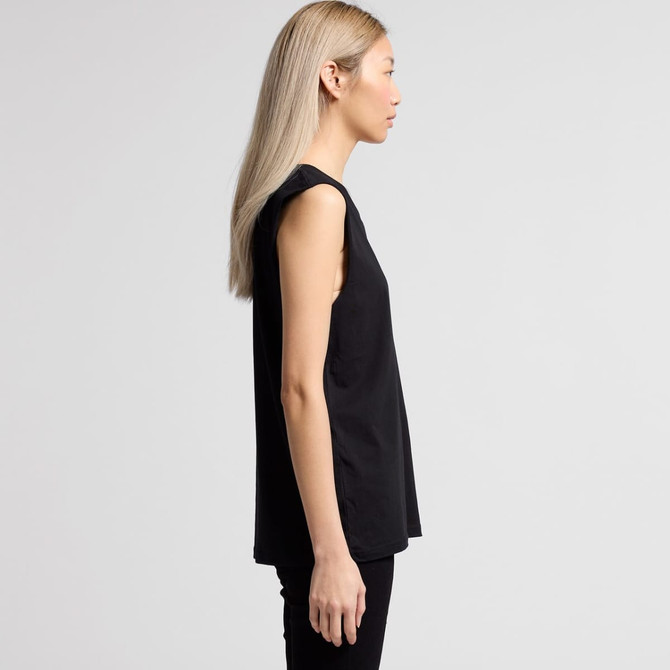 A black singlet tank top featured in a side view, with a relaxed fit and minimal design. It has a logo.