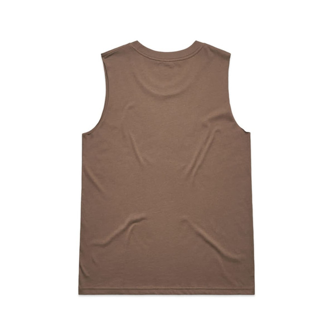 A brown sleeveless tank top with a simple design, featuring a branding logo on the rear.