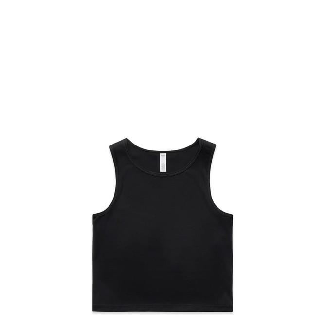 A black crop tank top with a simple design, featuring a logo on the back and wide straps.