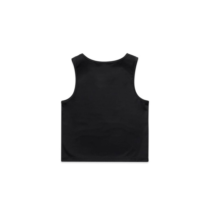 A black active crop tank with a simple design and a logo on the back.