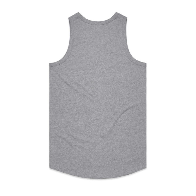 A grey sleeveless singlet with a rounded hem, featuring a plain back and a subtle logo.