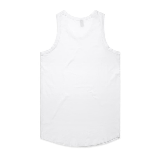 A white singlet with a rounded hemline, featuring a logo on the back.