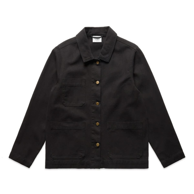 A black canvas chore jacket featuring a collared neckline, front buttons, and multiple pockets. It has a logo on the label.
