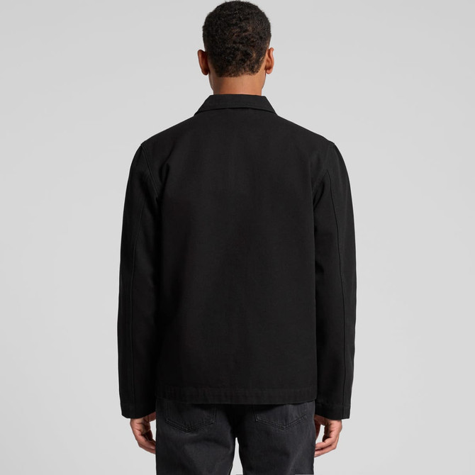 A black canvas chore jacket viewed from the back, featuring a simple design and a logo on the back.