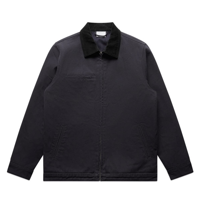 A black canvas cord collar jacket with a front zip and two side pockets, featuring a branding logo.