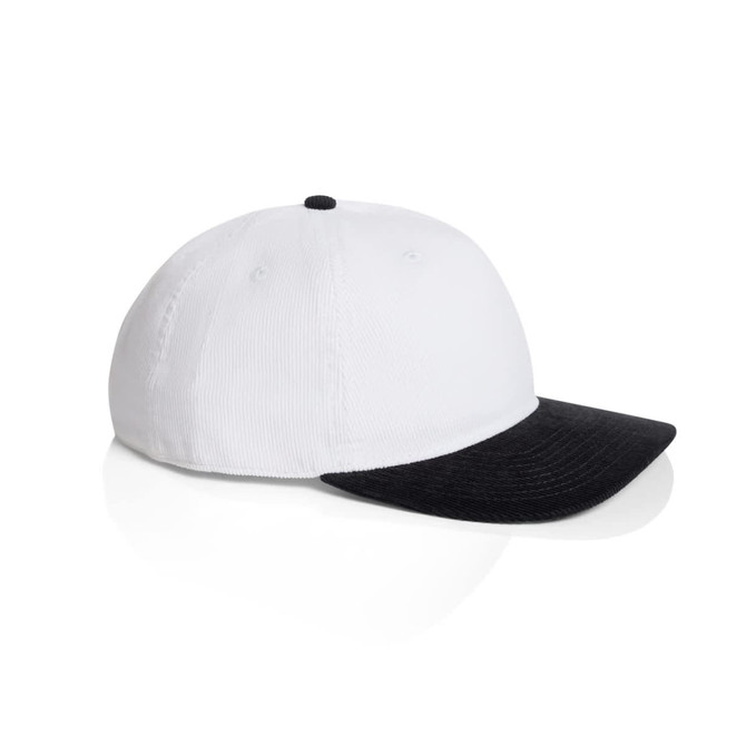 A two-tone cap featuring a white crown and a black visor, with a logo on the front.
