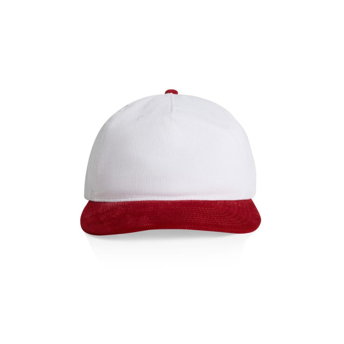 A two-tone cap with a white fabric body and a red corduroy brim, featuring a logo on the front.