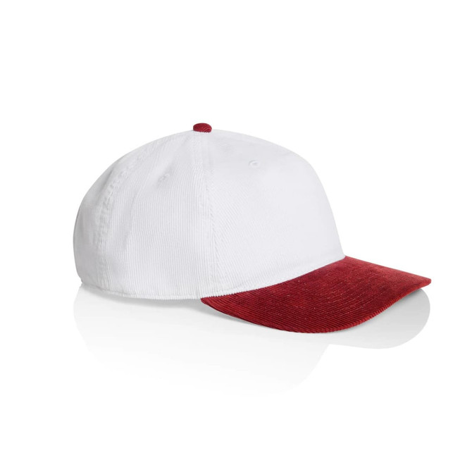 A two-tone cap featuring a white body and a red corduroy peak, complete with a logo.