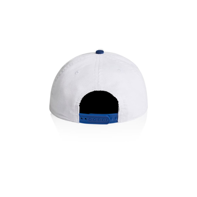 A two-tone cap in white with a blue brim and buttons, featuring an adjustable strap at the back.