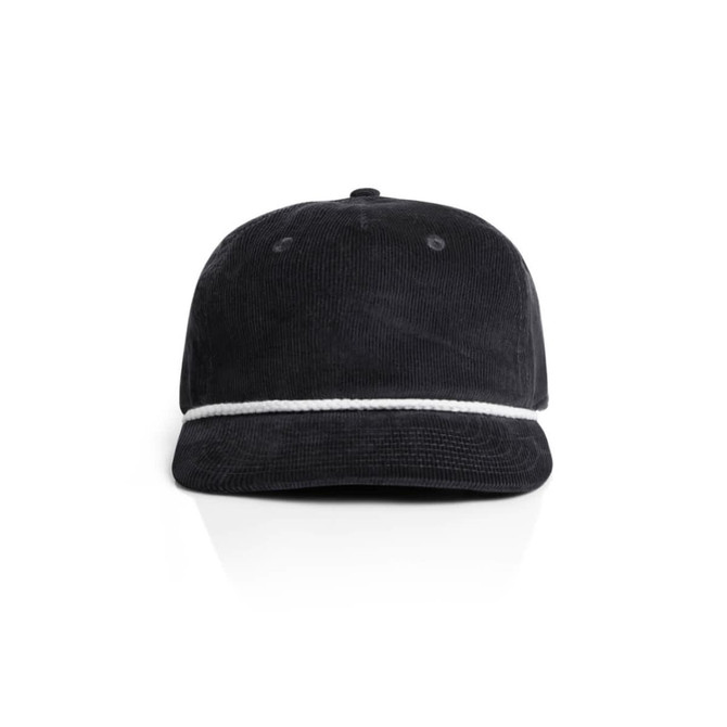 A black corduroy cap with a white rope detail, featuring a logo on the front.