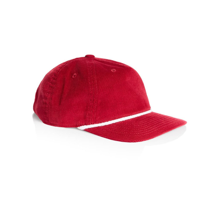 A red corduroy cap with a white rope detail and a curved brim, featuring a logo on the front.