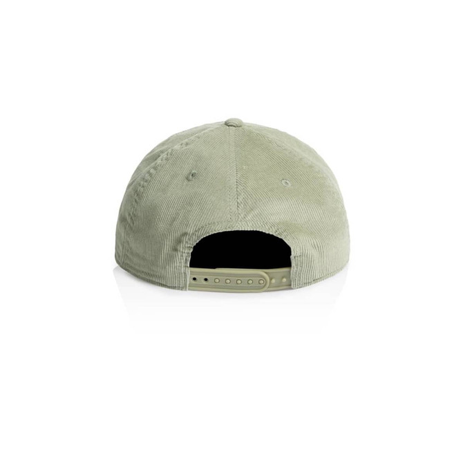 A green corduroy cap featuring a snapback design and a logo on the back.