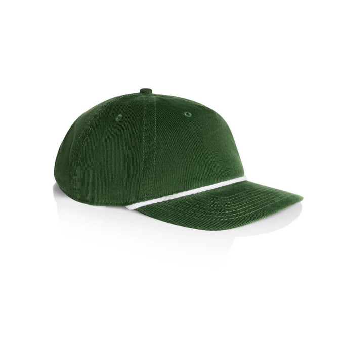 A green corduroy cap with a white stripe, featuring a logo on the front.