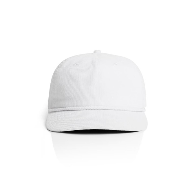 A white cap featuring a rope detailing along the brim, with a logo on the front.