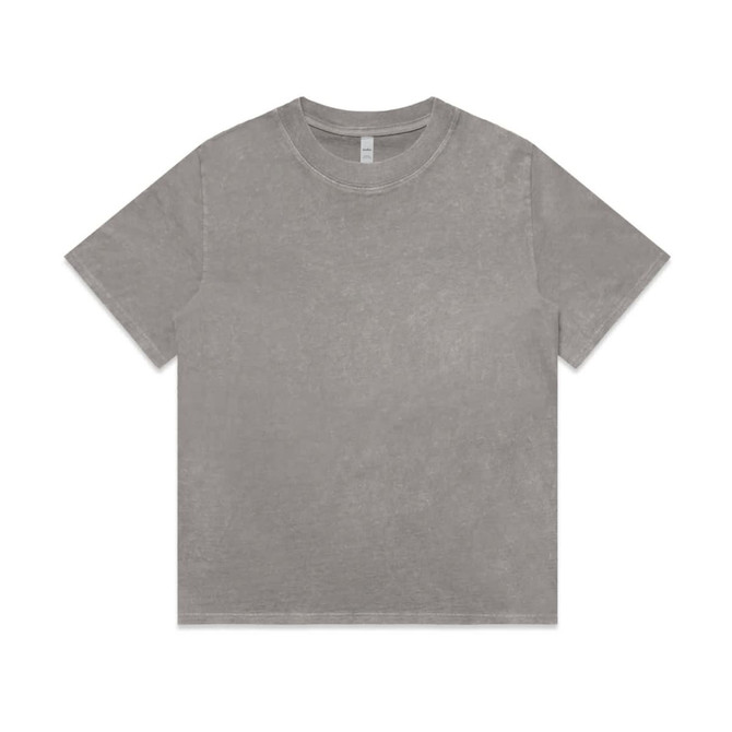 A grey stone wash heavy t-shirt featuring a casual design and a logo.