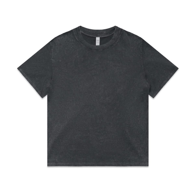 A grey stone wash heavy T-shirt with a classic crew neck and short sleeves, featuring a logo.