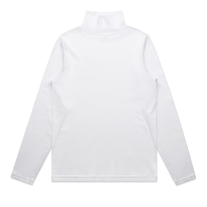 A white turtle neck jumper featuring long sleeves and a high collar. It has a simple design and includes a logo.