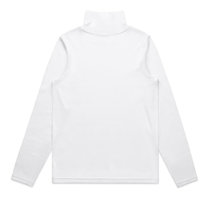 A white turtle neck jumper with long sleeves, featuring a high collar and a simple design. It has a logo on the back.