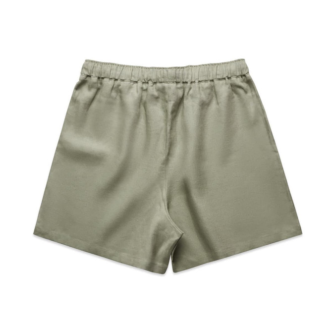 Linen shorts in a light olive green colour with an elastic waistband. Features branding on the waistband.