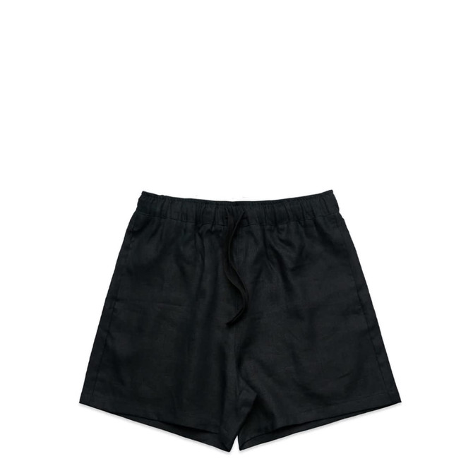 Linen shorts in black with an elastic waistband and drawstring, featuring a simple design and no embellishments.