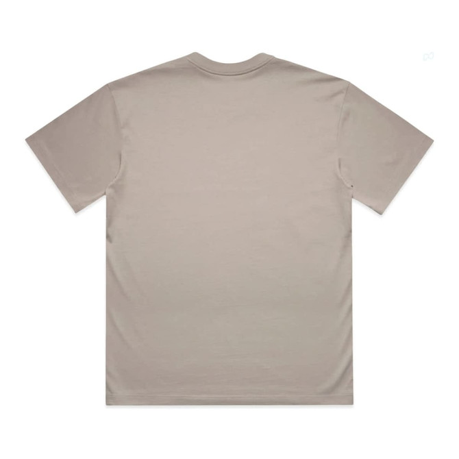 A beige t-shirt with a plain back, featuring a logo on the neckline.