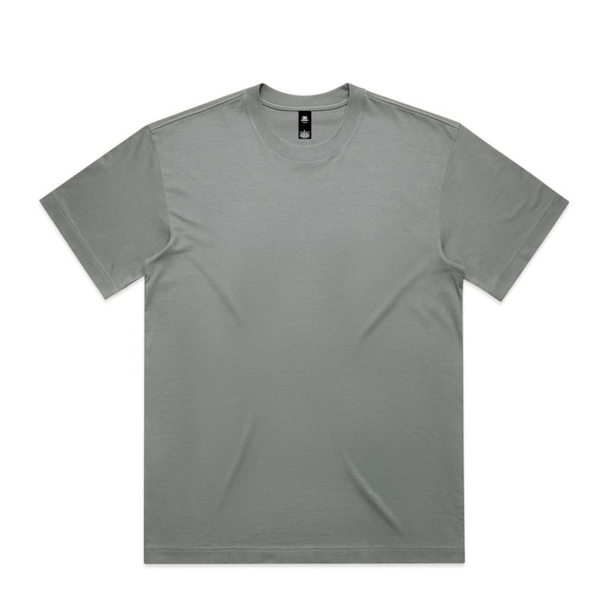 A grey t-shirt with a crew neck and short sleeves, featuring a logo on the tag.