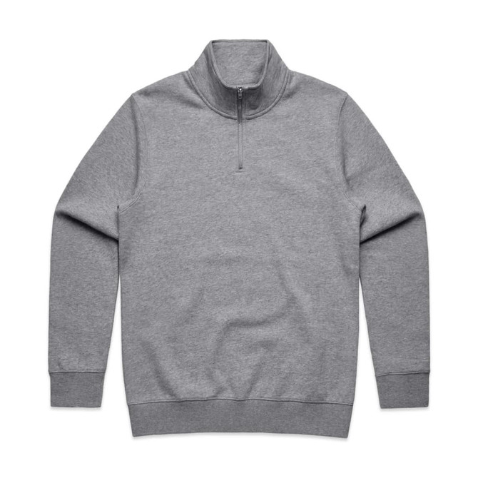 A grey half zip crew jumper with long sleeves and a collar. It features a branding logo.